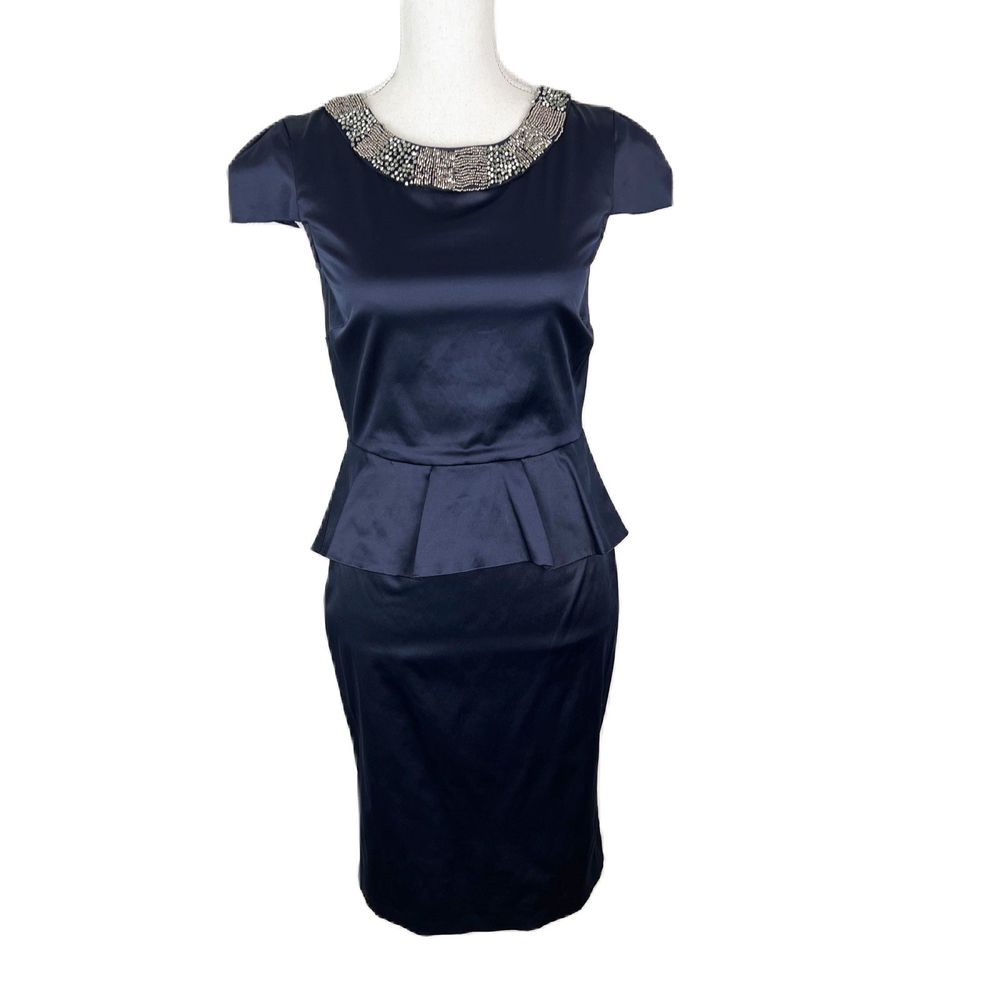 Butterfly Matthew Williamson Dress Women 10 Blue Silver Beaded Peplum Cap Sleeve